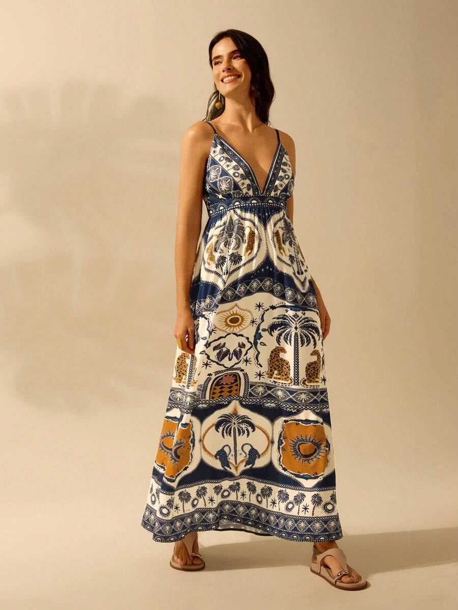 Vestido Boho V-Neck Tropical Leopardo & Palmeras