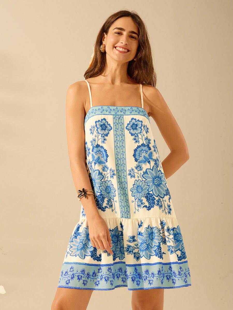 Vestido Corto Azul Tropical, Tirantes Finos, Espalda Abierta