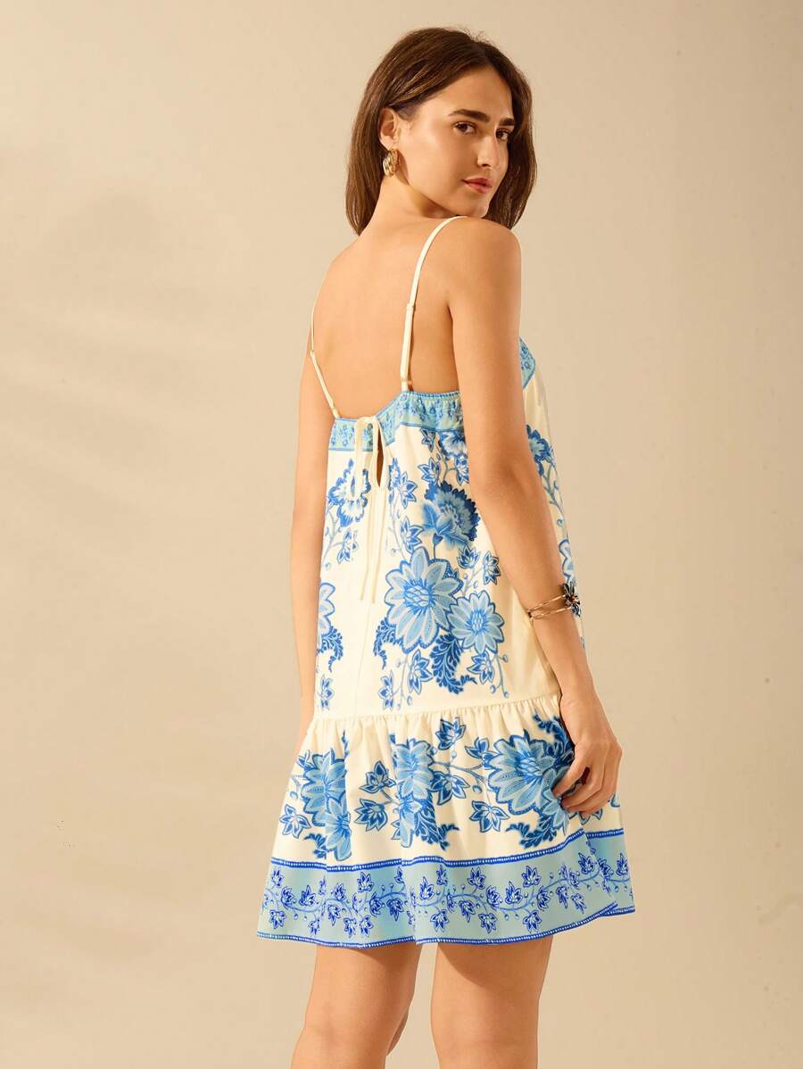 Vestido Corto Azul Tropical, Tirantes Finos, Espalda Abierta
