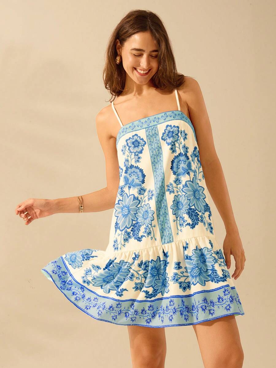 Vestido Corto Azul Tropical, Tirantes Finos, Espalda Abierta