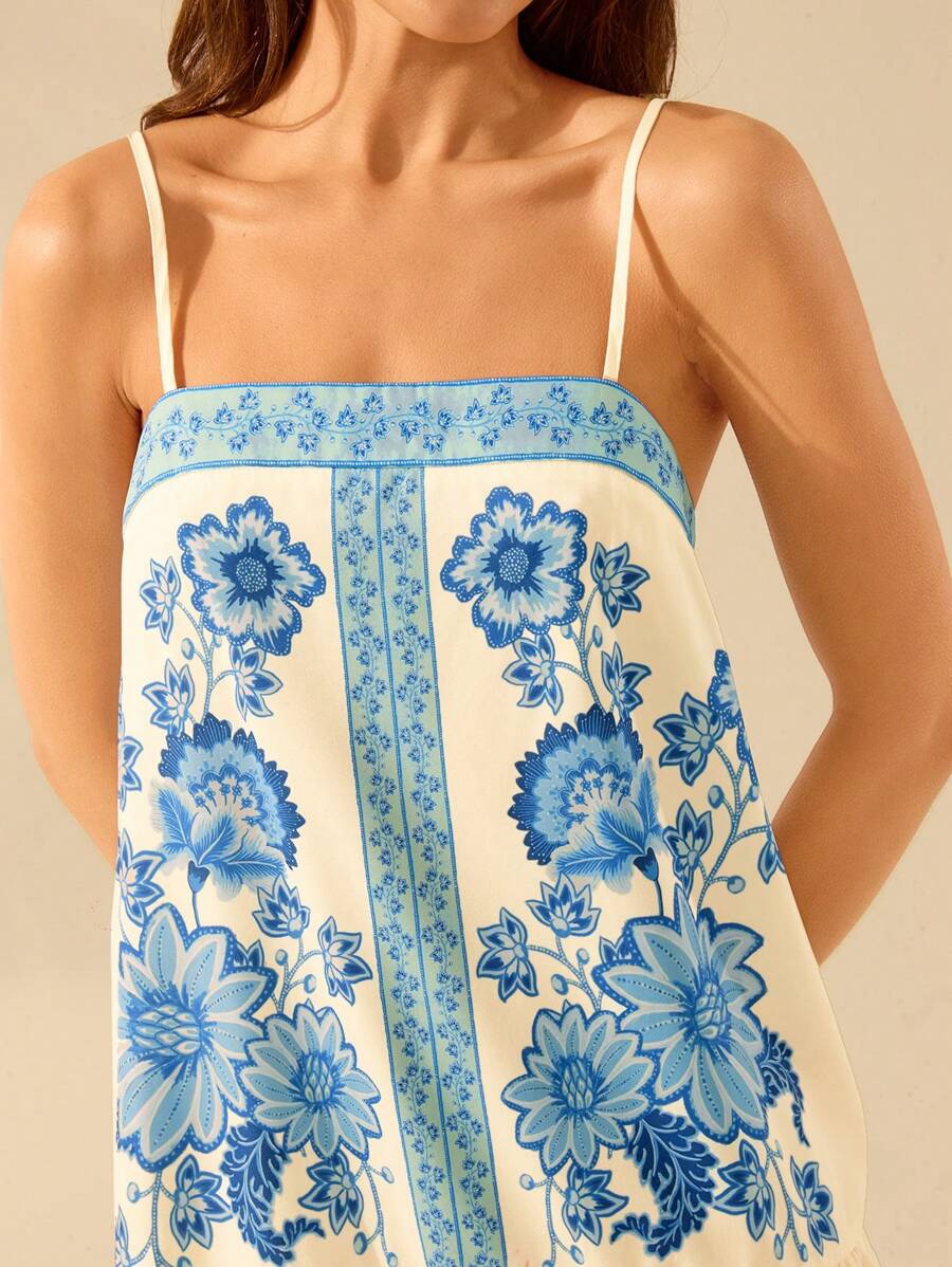 Vestido Corto Azul Tropical, Tirantes Finos, Espalda Abierta