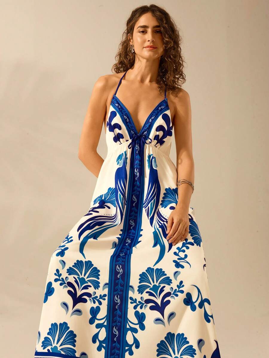 Vestido Largo Halter Azul Tropical con Lazo y Estampa de Loro