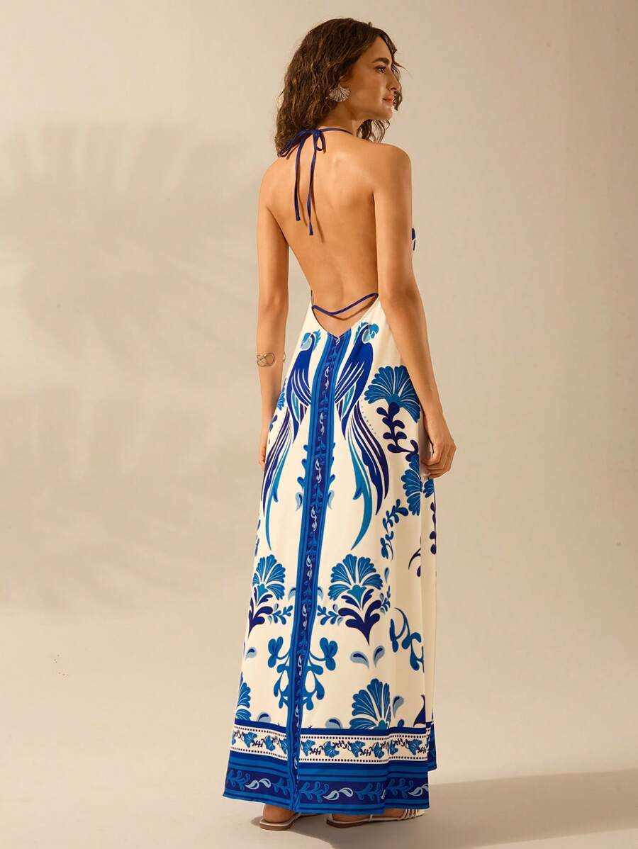 Vestido Largo Halter Azul Tropical con Loro y Lazo