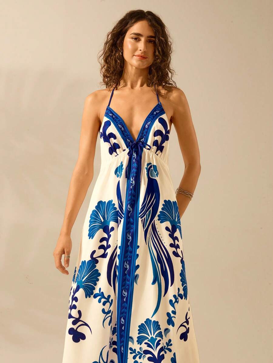 Vestido Largo Halter Azul Tropical con Loro y Lazo