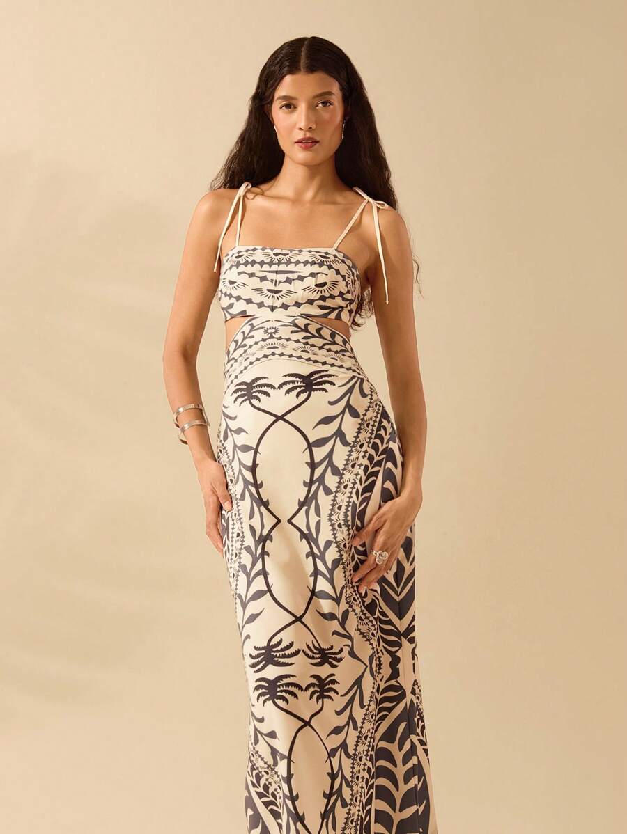 Vestido bohemio con palmeras y cintura abierta