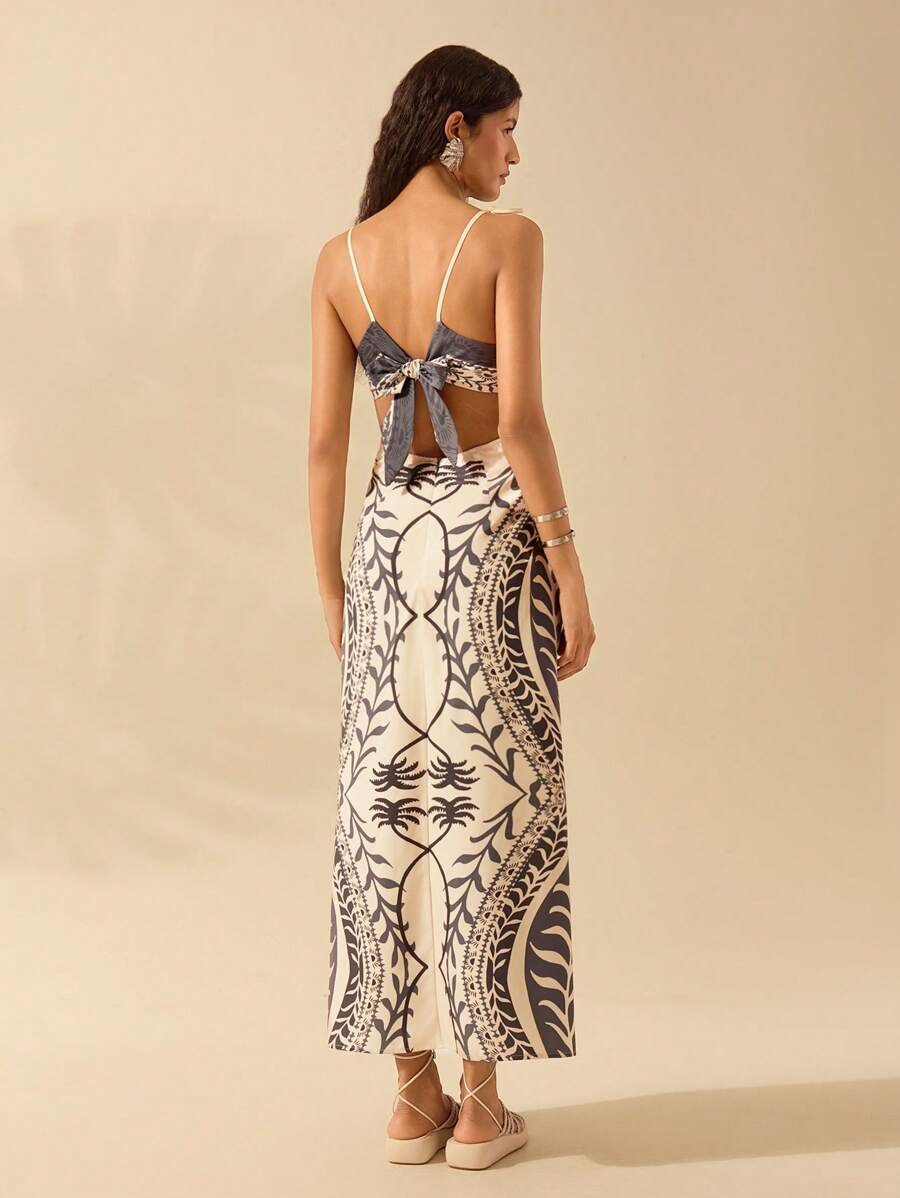 Vestido bohemio con palmeras y cintura abierta
