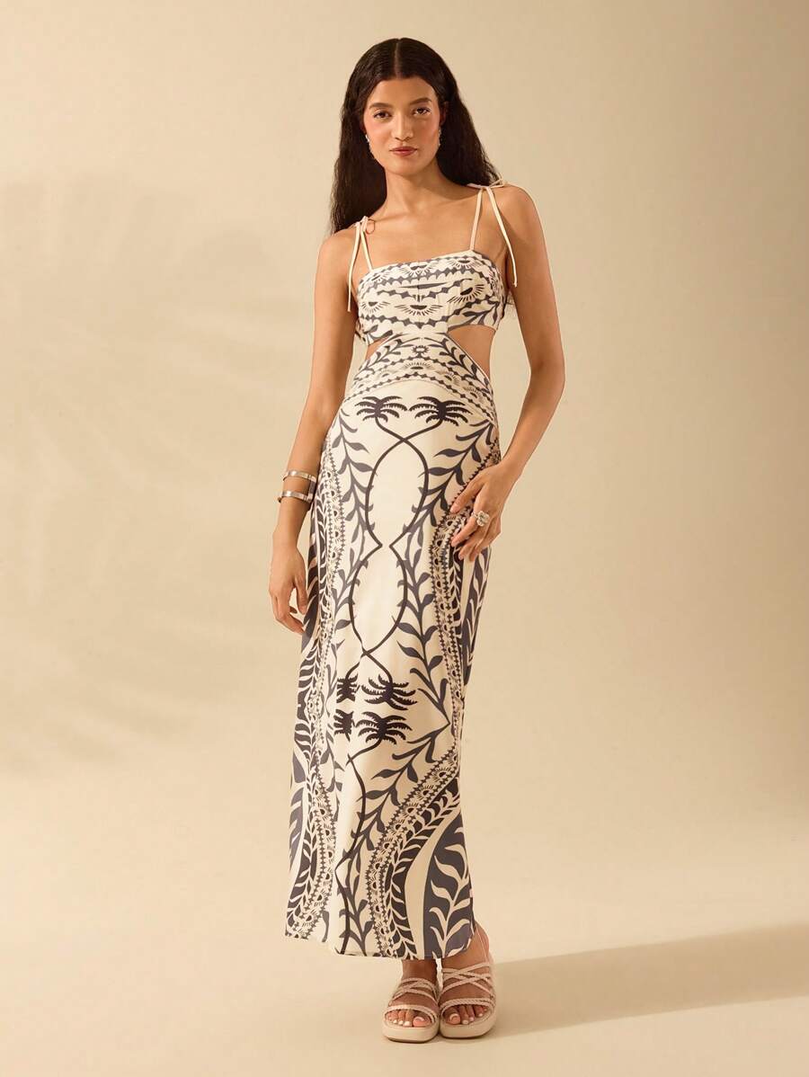 Vestido bohemio con palmeras y cintura abierta