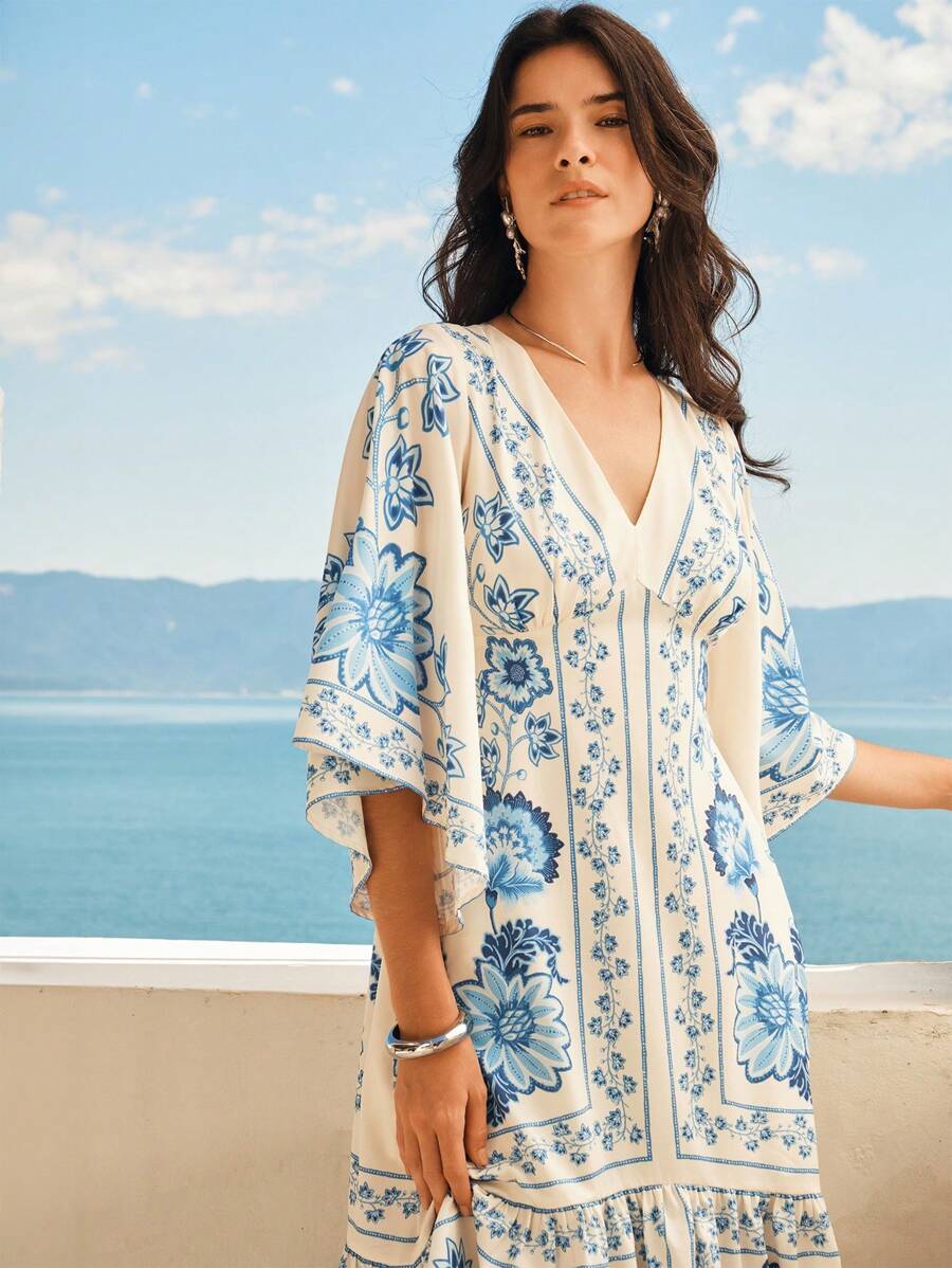 Vestido Largo Boho Beige con Escote V, Mangas Murciélago y Espalda Abierta