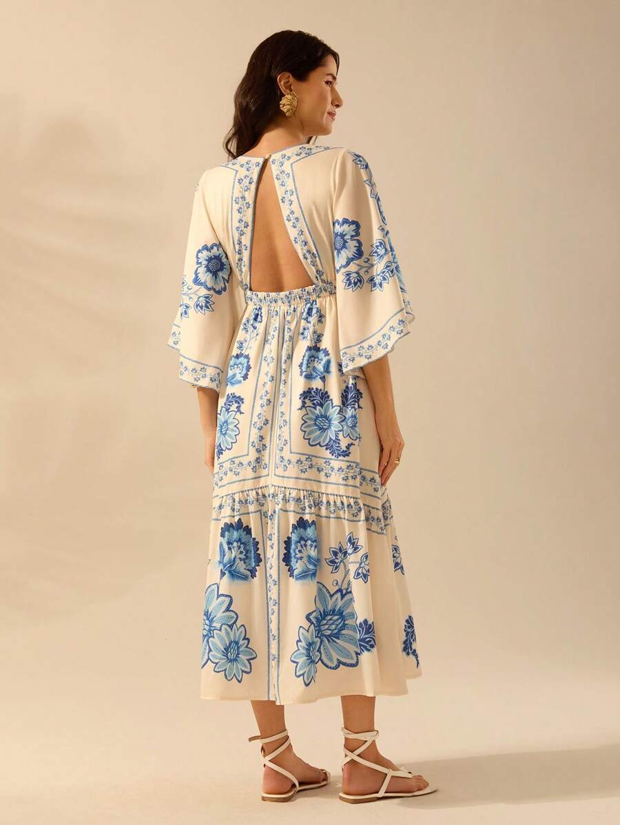 Vestido Largo Boho Beige con Escote V, Mangas Murciélago y Espalda Abierta