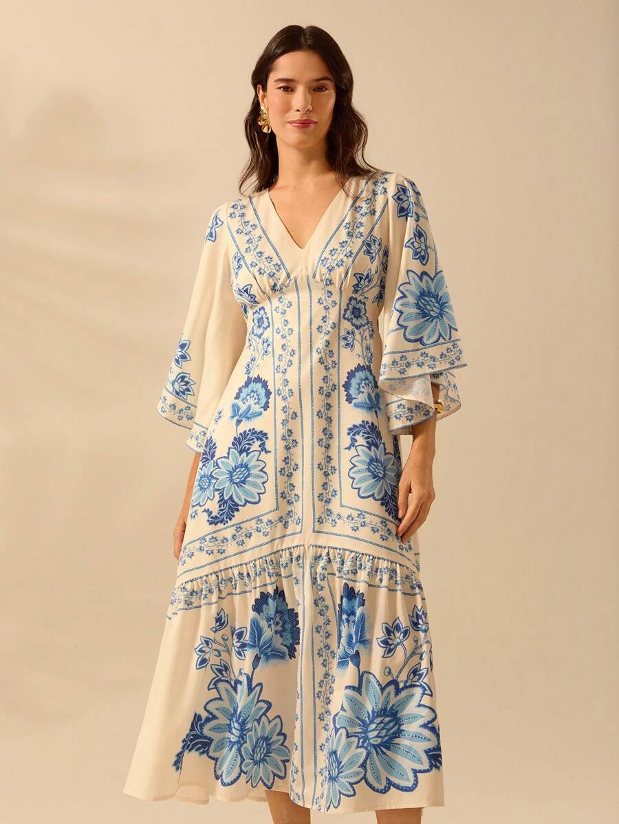 Vestido Largo Boho Beige con Escote V, Mangas Murciélago y Espalda Abierta