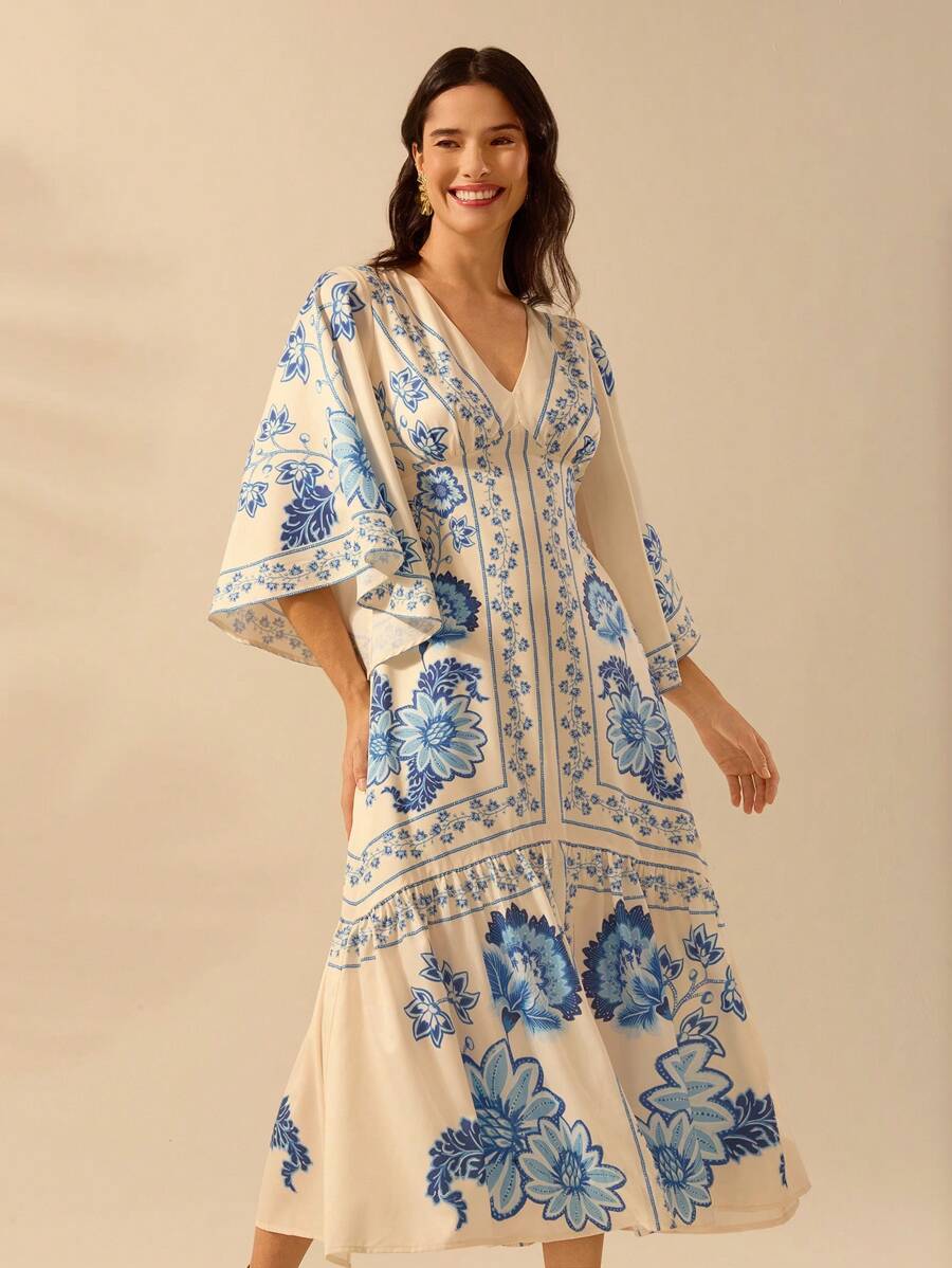 Vestido Largo Boho Beige con Escote V, Mangas Murciélago y Espalda Abierta