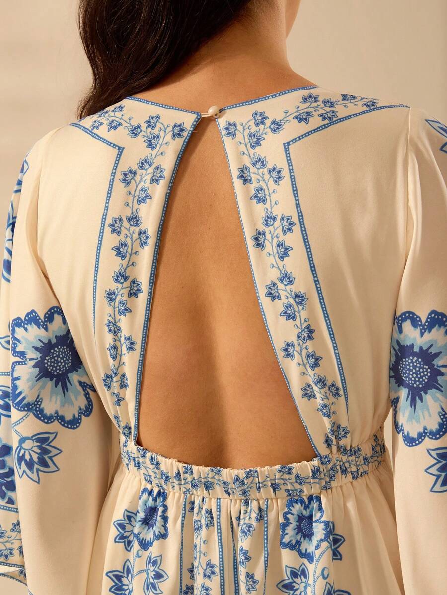 Vestido Largo Boho Beige con Escote V, Mangas Murciélago y Espalda Abierta