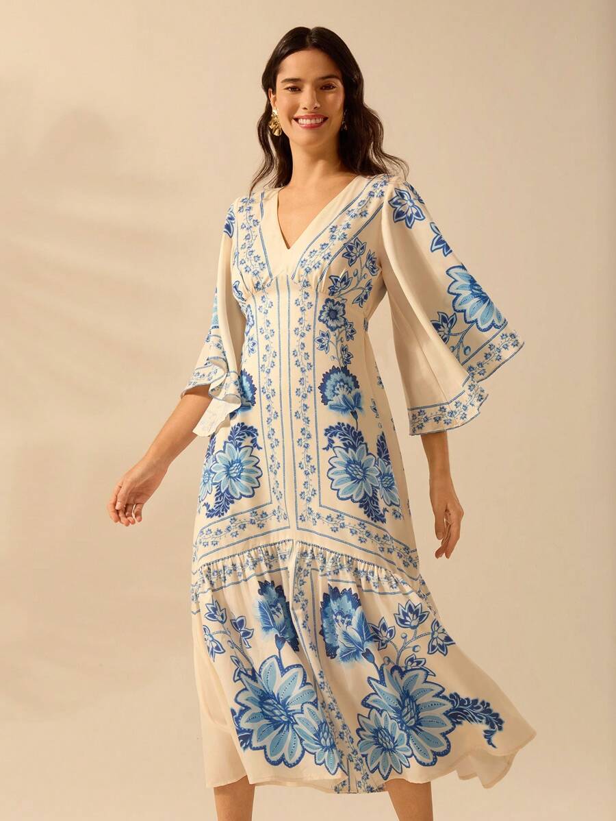 Vestido Largo Boho Beige con Escote V, Mangas Murciélago y Espalda Abierta