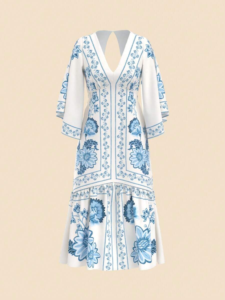 Vestido Largo Boho Beige con Escote V, Mangas Murciélago y Espalda Abierta
