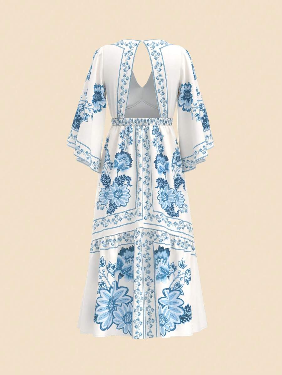 Vestido Largo Boho Beige con Escote V, Mangas Murciélago y Espalda Abierta