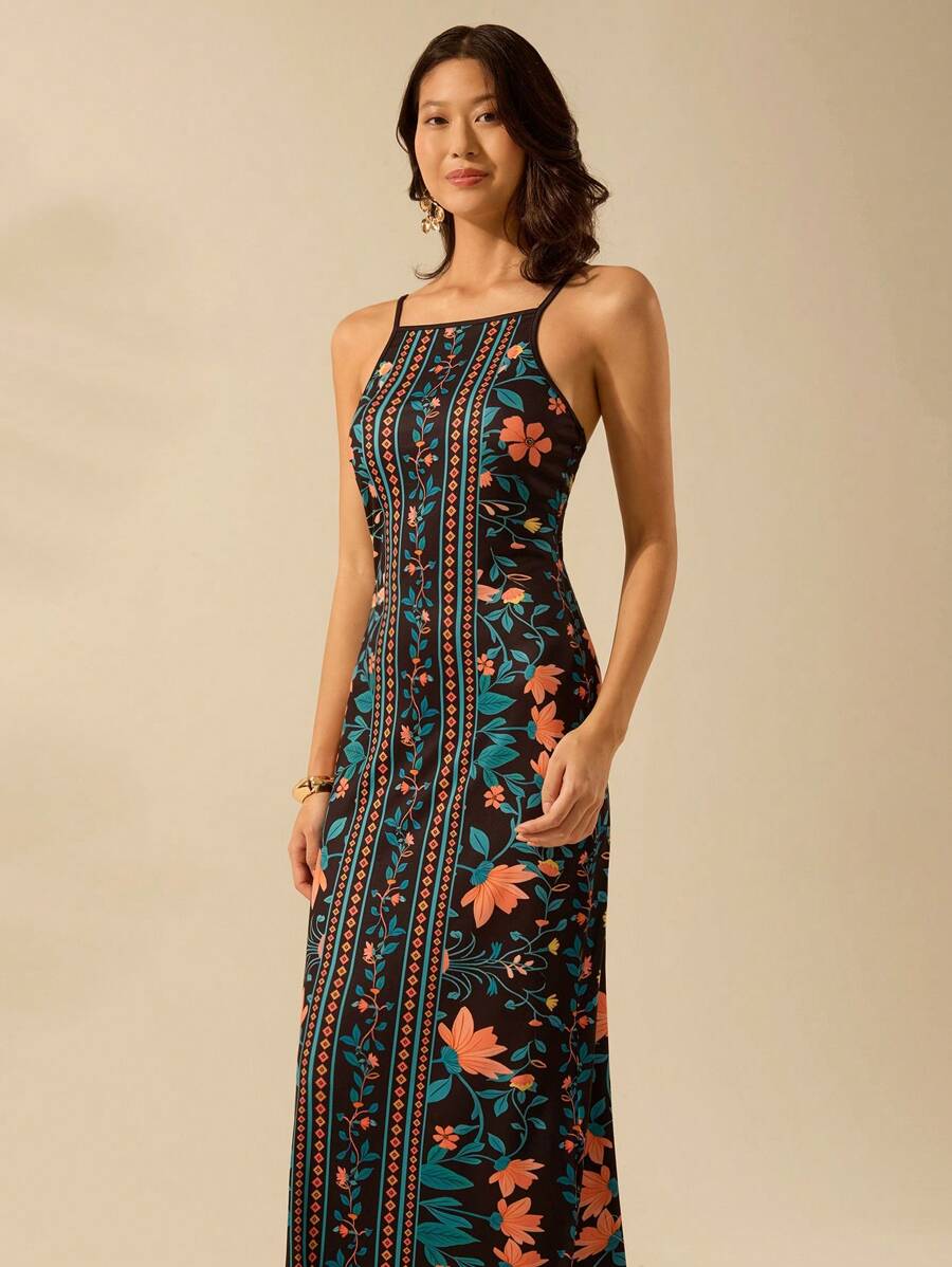Vestido Midi Negro Boho Floral con Tirantes Finos