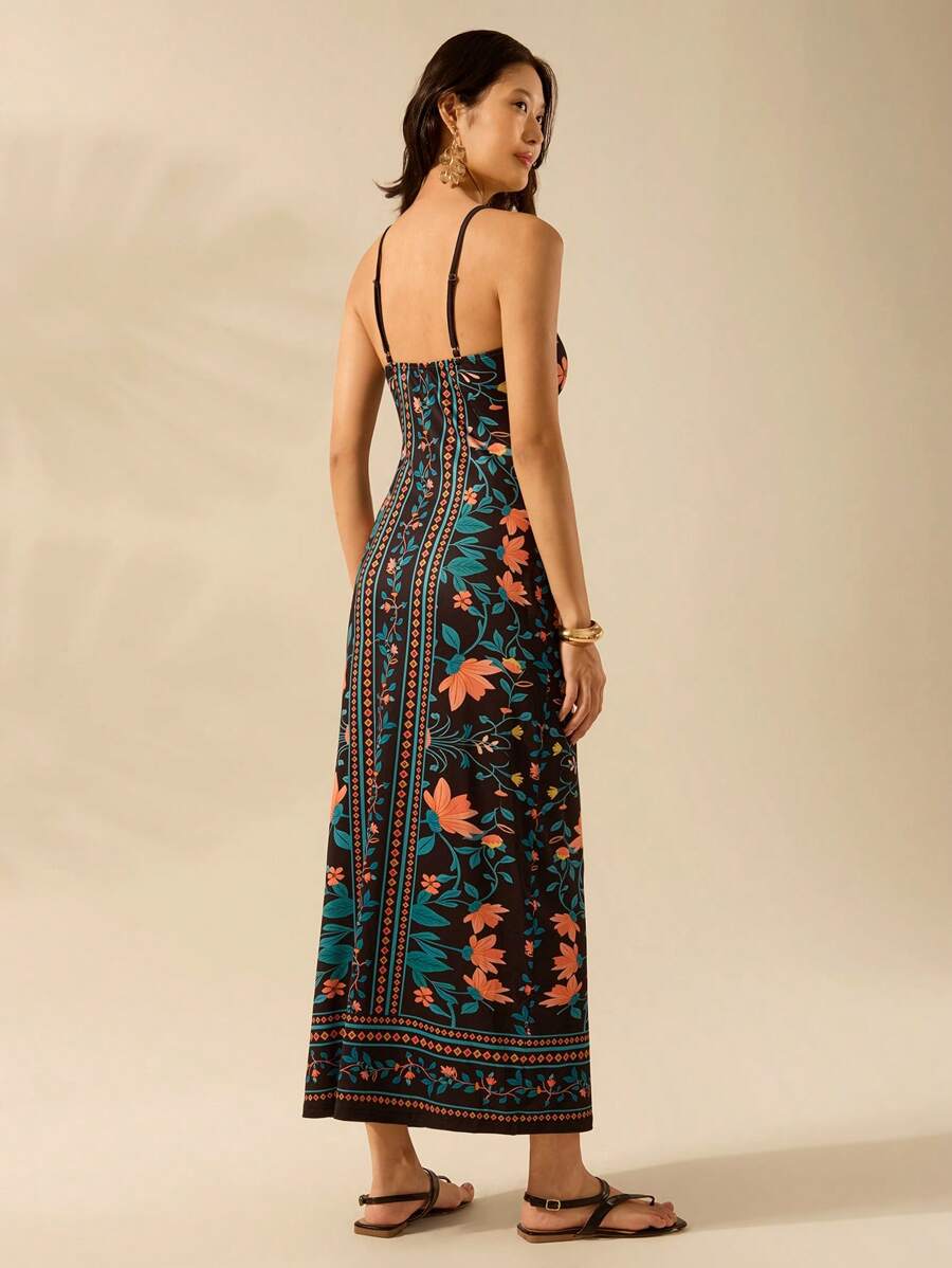 Vestido Midi Negro Boho Floral con Tirantes Finos