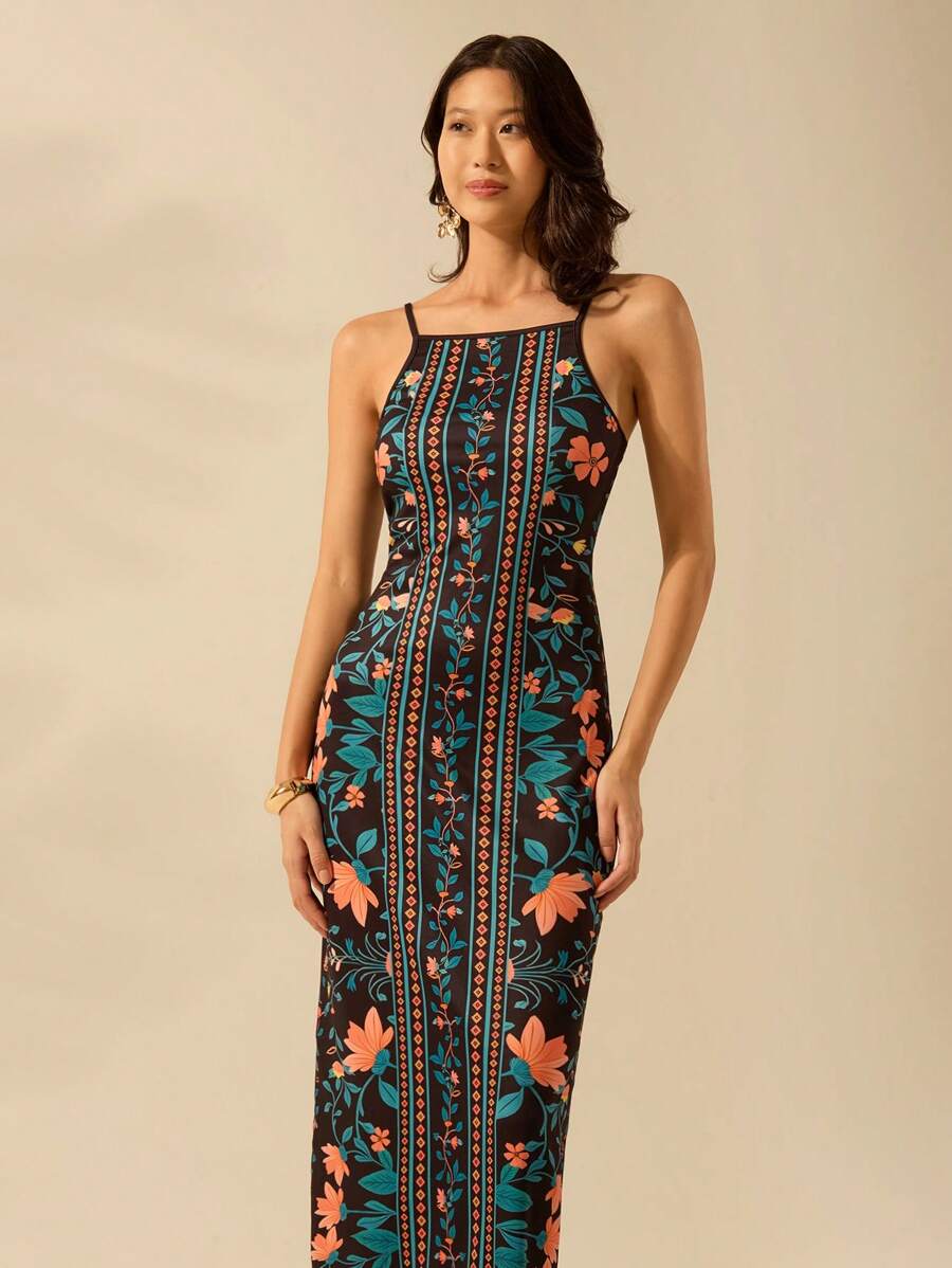 Vestido Midi Negro Boho Floral con Tirantes Finos