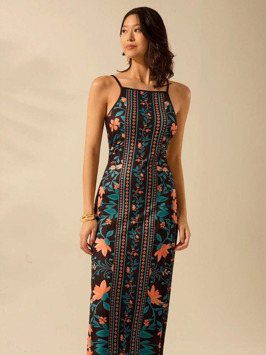 Vestido Midi Negro Boho Floral con Tirantes Finos