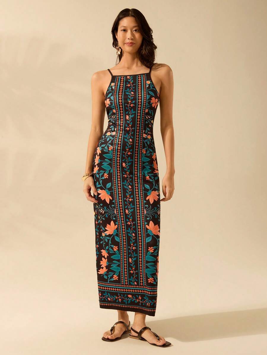 Vestido Negro Midi con Tirantes Finos y Estampa Tropical Bohemia