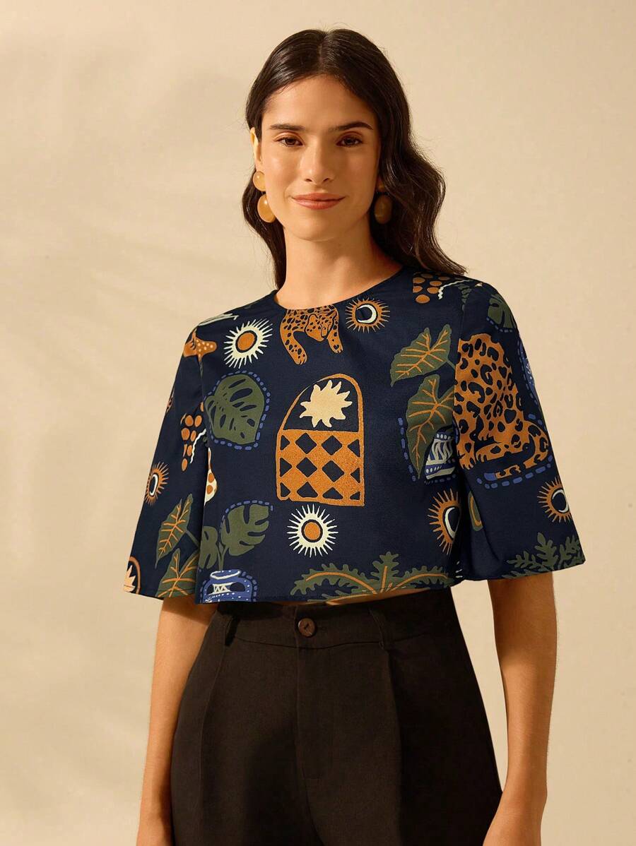 Blusa Corta Tropical Colorida Boho