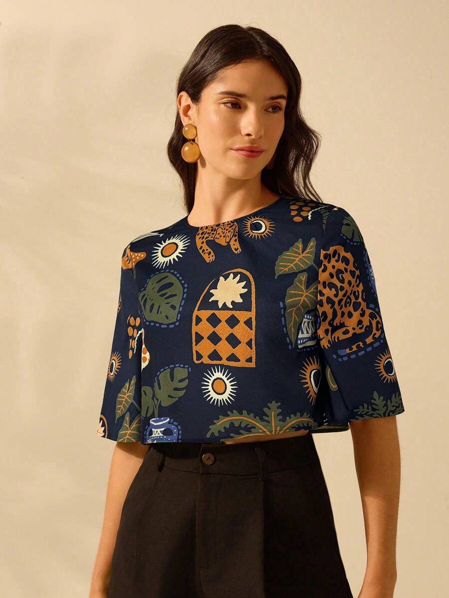 Blusa Corta Tropical Colorida Boho