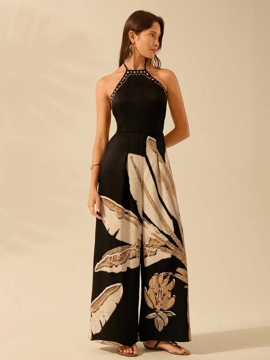 Mono Boho Negro Coco, Pierna Ancha y Tirantes Largos