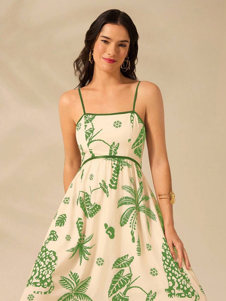 Vestido Largo Beige Boho con Leopardo, Piña y Coco Tropical