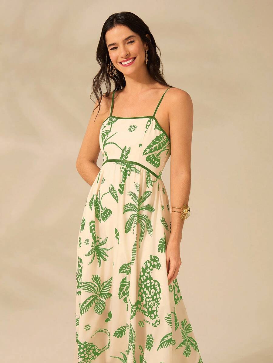 Vestido Largo Beige Boho con Leopardo, Piña y Coco Tropical