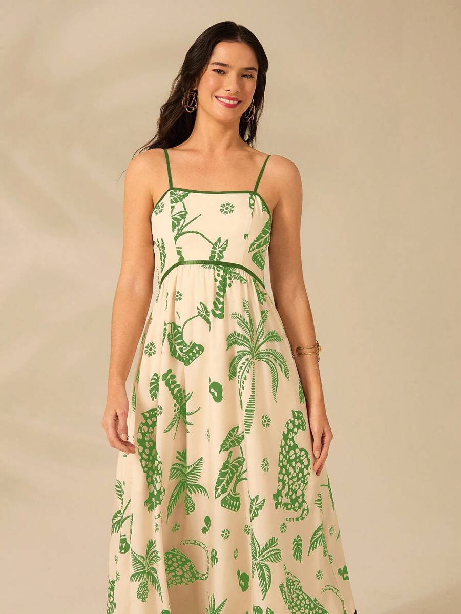 Vestido Largo Beige Boho con Leopardo, Piña y Coco Tropical