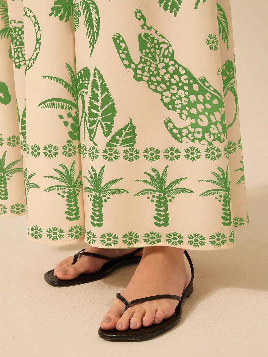 Vestido Largo Beige Boho con Leopardo, Piña y Coco Tropical