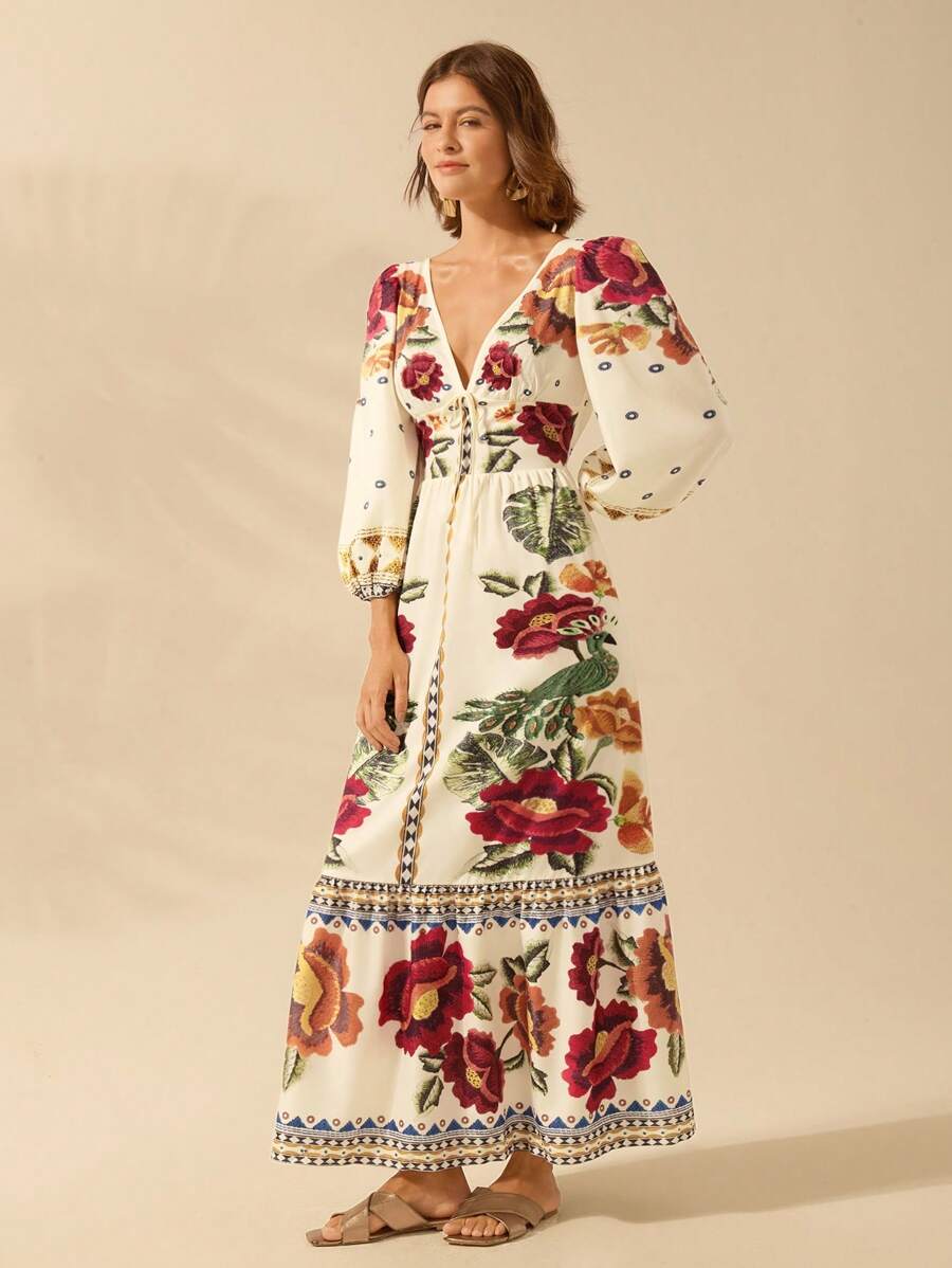 Vestido Boho Floral de Vacaciones con V-Neck y Espalda Abierta