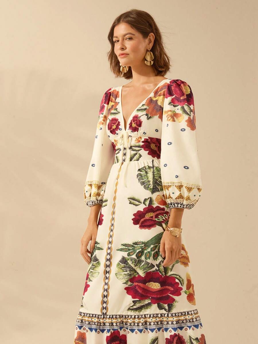 Vestido Boho Floral de Vacaciones con V-Neck y Espalda Abierta