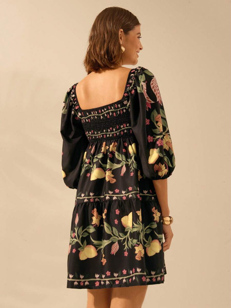 Vestido Corto Negro con Mangas Globo & Limón Boho