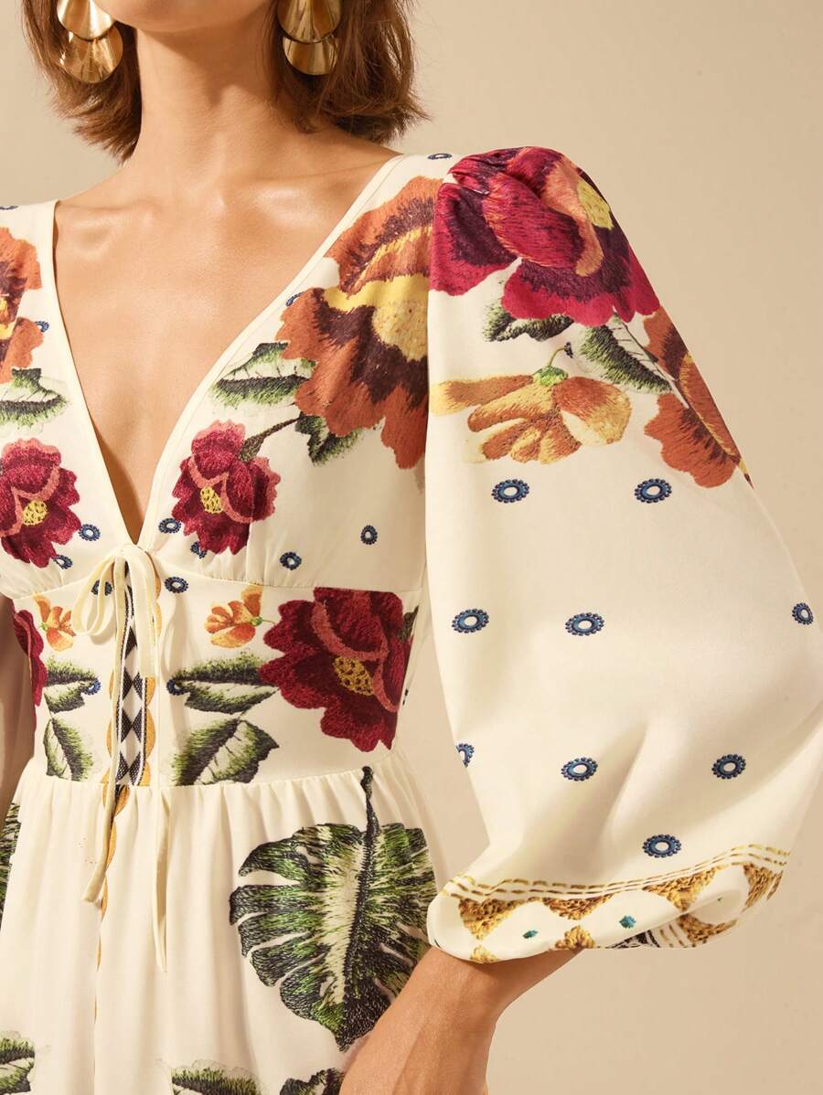 Vestido Boho Floral de Vacaciones con V-Neck y Espalda Abierta