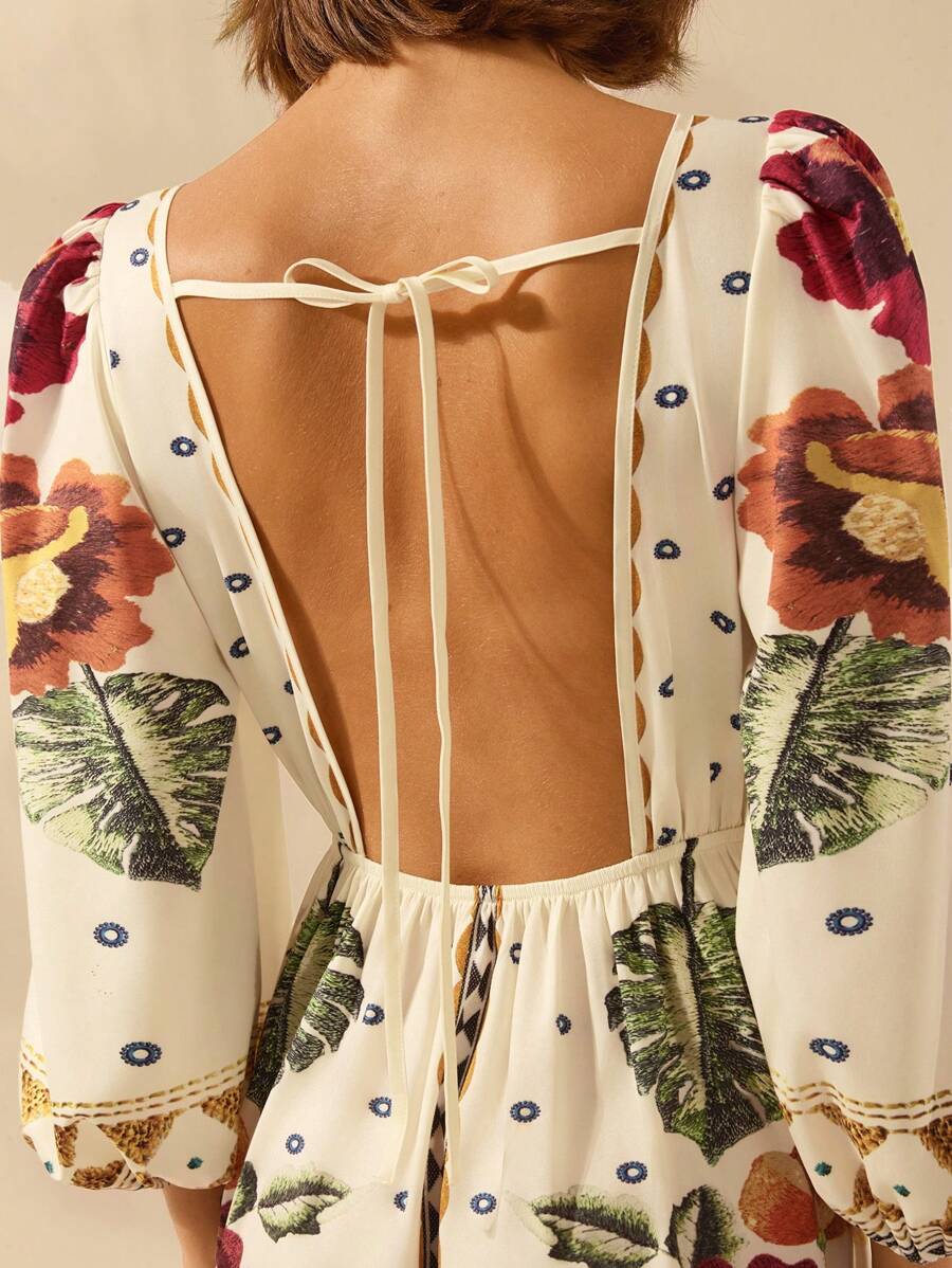 Vestido Boho Floral de Vacaciones con V-Neck y Espalda Abierta