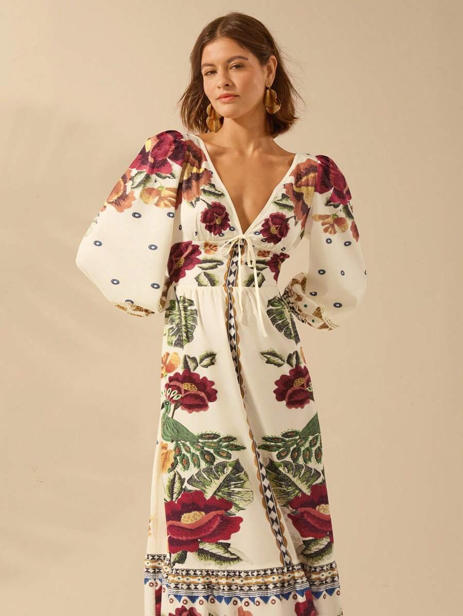 Vestido Boho Floral de Vacaciones con V-Neck y Espalda Abierta