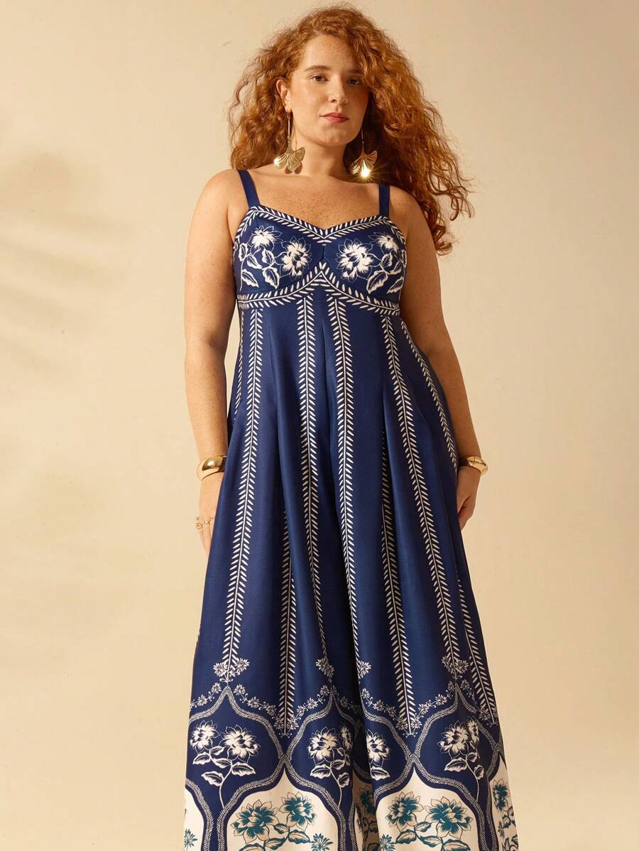 Mono Índigo Boho de Pierna Ancha Plus Size