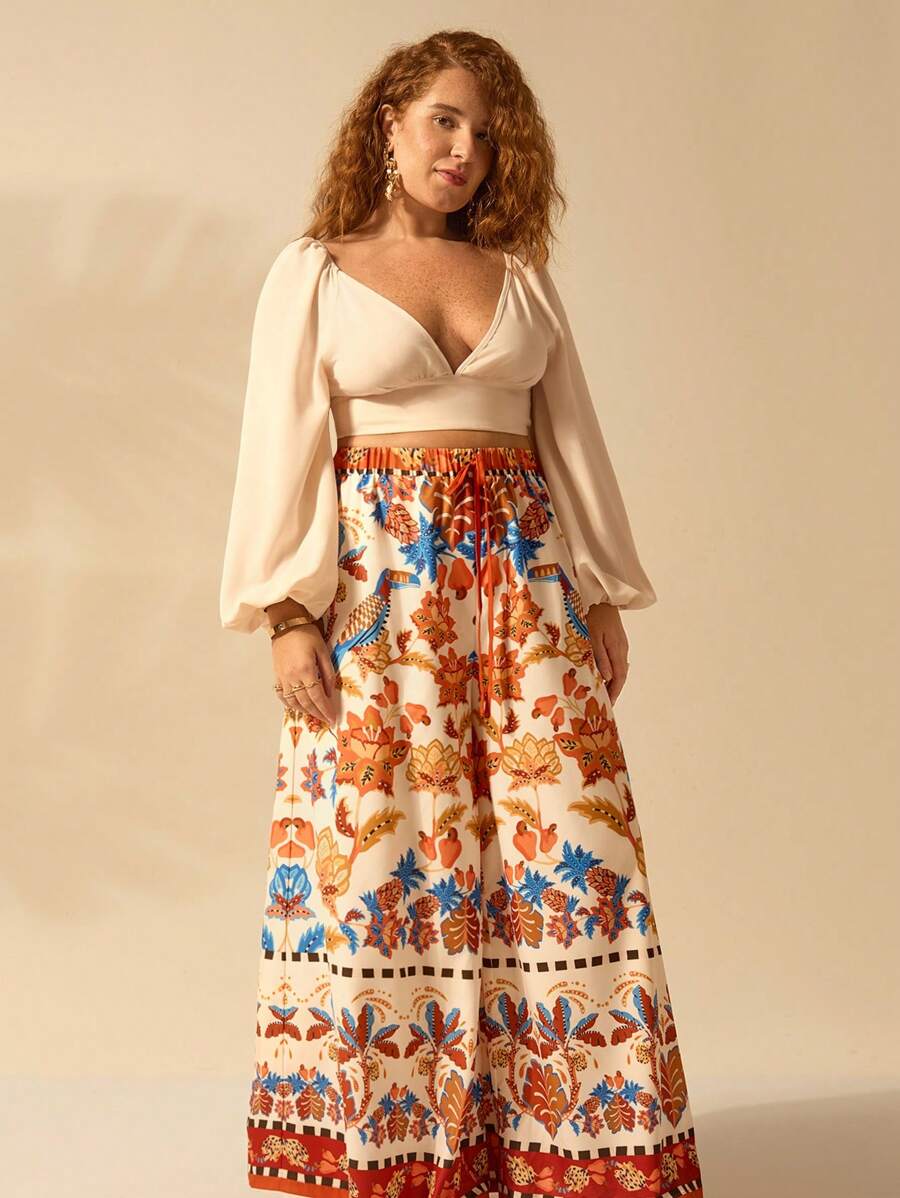 Pantalón Ancho Boho Piña y Aves Tropicales Plus Size