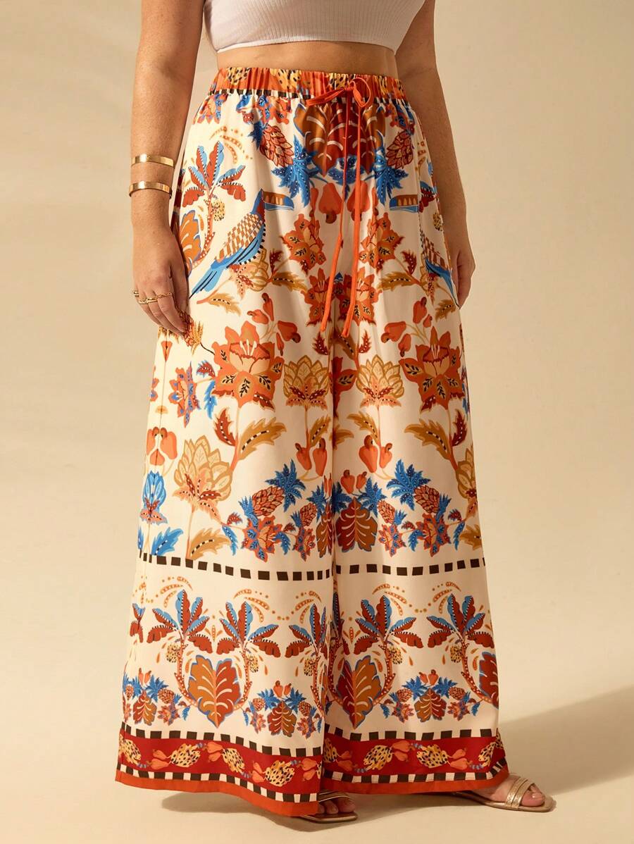 Pantalón Ancho Boho Piña y Aves Tropicales Plus Size