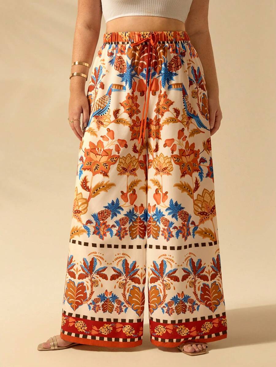 Pantalón Ancho Boho Piña y Aves Tropicales Plus Size