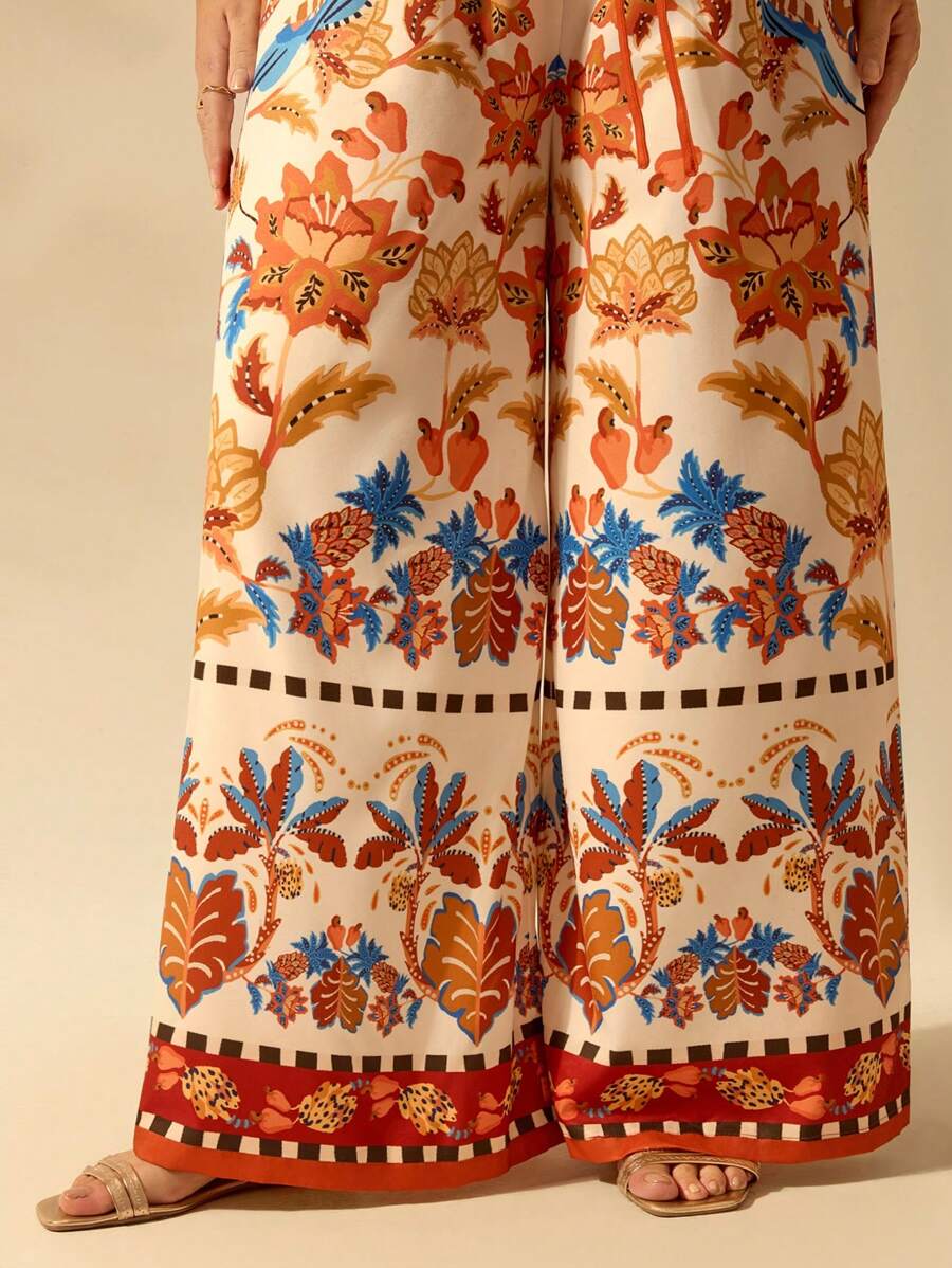 Pantalón Ancho Boho Piña y Aves Tropicales Plus Size