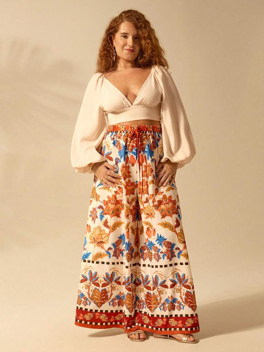 Pantalón Ancho Boho Piña y Aves Tropicales Plus Size