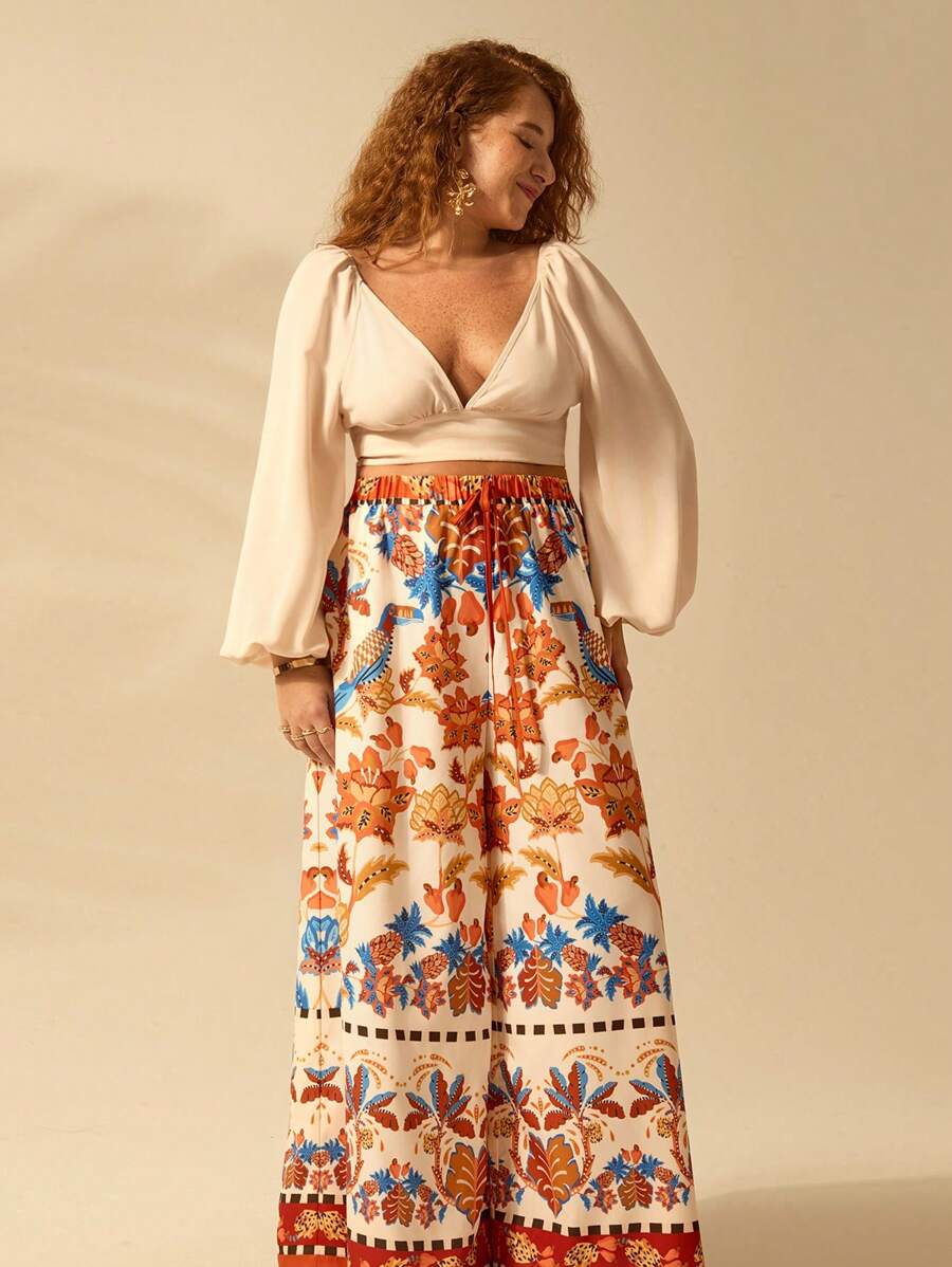 Pantalón Ancho Boho Piña y Aves Tropicales Plus Size