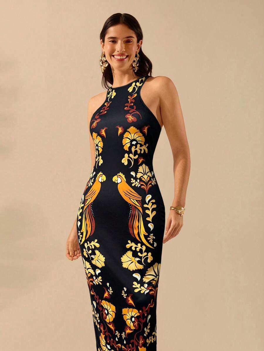 Vestido entallado azul con estampado tropical y loro