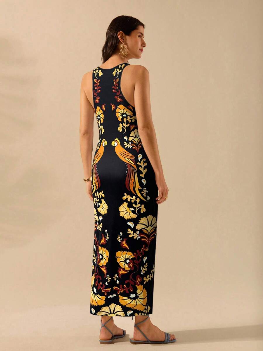 Vestido entallado azul con estampado tropical y loro