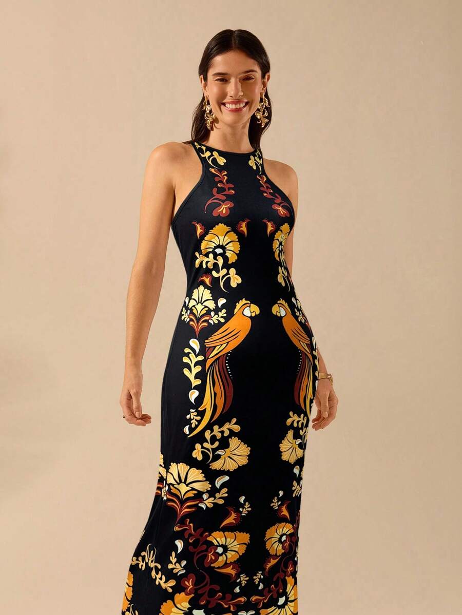 Vestido entallado azul con estampado tropical y loro