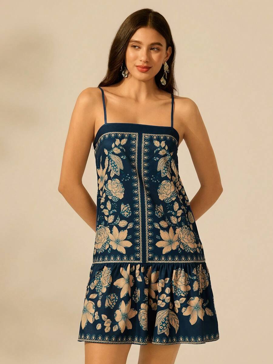 Vestido Boho Tropical Espalda Abierta con Lazos y Tirantes Finos