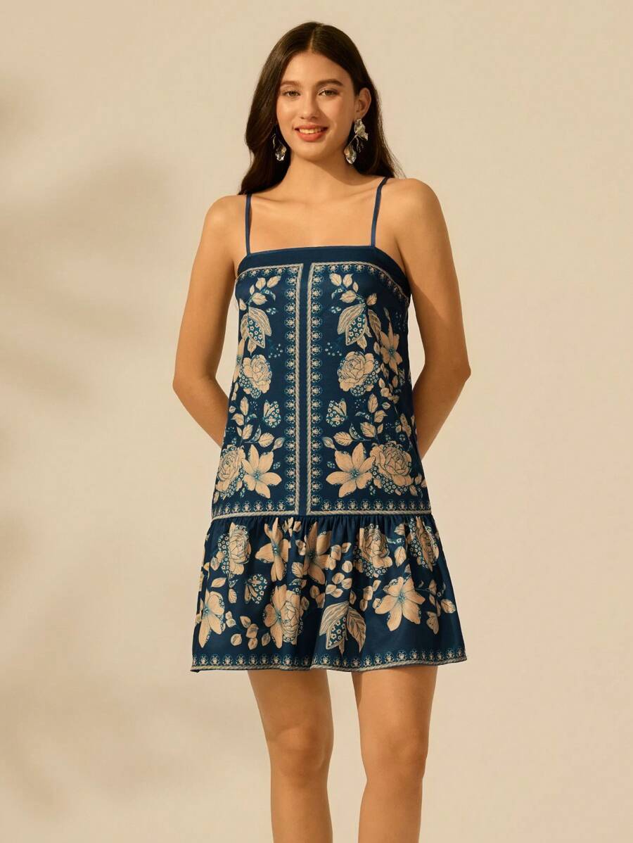 Vestido Boho Tropical Espalda Abierta con Lazos y Tirantes Finos