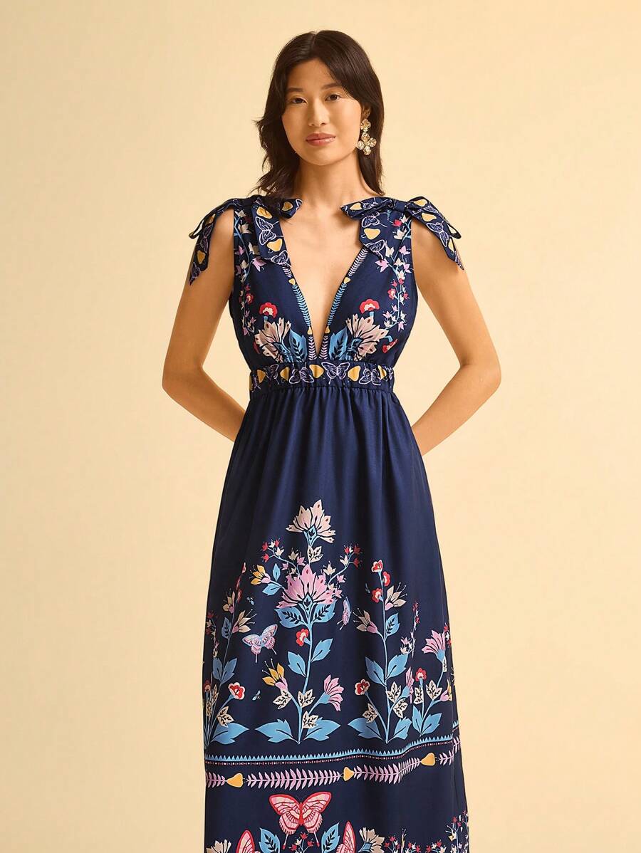 Vestido Largo Azul Tropical, Espalda Abierta, Lazo & Escote V